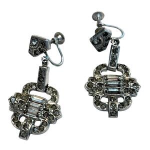 Art deco style silver & clear rhinestones screw back earrings drop dangles glam